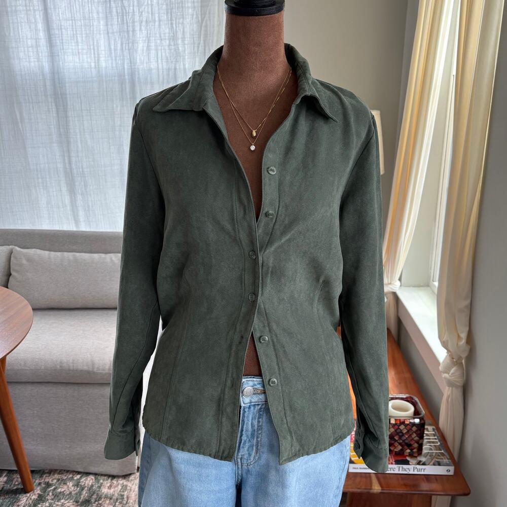 00s Sonoma Green Faux Suede Button Front Shirt Jacket Western Top Summer Medium